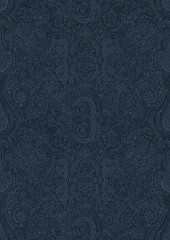 Hand-drawn unique abstract symmetrical seamless ornament. Light blue on a deep blue background. Paper texture. Digital artwork, A4. (pattern: p01d)