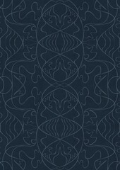 Hand-drawn unique abstract symmetrical seamless ornament. Light blue on a deep blue background. Paper texture. Digital artwork, A4. (pattern: p02-1d)