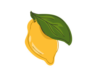 Fresh yellow lemon with green leaf. Vector illustration