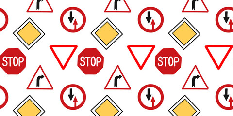 Seamless pattern with road signs. Flat vector illustration