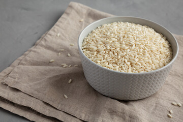 Raw Organic Carnaroli Rice in a Bowl on a gray surface, side view. Space for text.