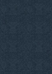 Hand-drawn unique abstract symmetrical seamless ornament. Light blue on a deep blue background. Paper texture. Digital artwork, A4. (pattern: p04e)