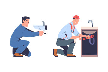 Man Plumber in Uniform with Wrench Fixing Pipe Under Sink Vector Set