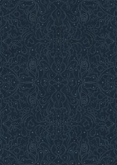 Hand-drawn unique abstract symmetrical seamless ornament. Light blue on a deep blue background. Paper texture. Digital artwork, A4. (pattern: p07-2d)