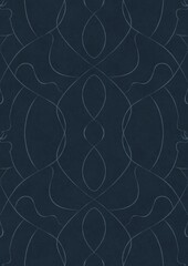 Hand-drawn unique abstract symmetrical seamless ornament. Light blue on a deep blue background. Paper texture. Digital artwork, A4. (pattern: p08-1d)