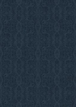 Hand-drawn unique abstract symmetrical seamless ornament. Light blue on a deep blue background. Paper texture. Digital artwork, A4. (pattern: p09e)