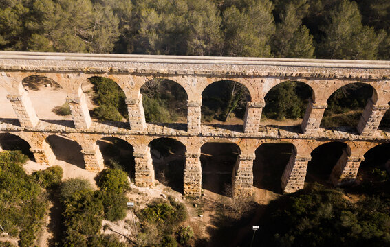 View of Pont del Diable with two levels of arches, antique Roman aqueduct near Spanish town of Tarragona