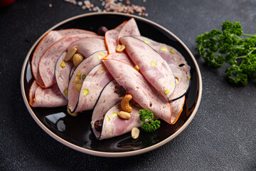 sausage mortadella different types meat plate or meat board fresh delicious snack healthy meal food snack on the table copy space food background rustic top view