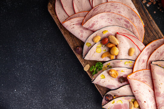 sausage mortadella different types meat plate or meat board fresh delicious snack healthy meal food snack on the table copy space food background rustic top view