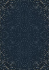 Hand-drawn unique abstract ornament. Light blue on a deep blue background, with vignette of same pattern in golden glitter. Paper texture. Digital artwork, A4. (pattern: p07-1d)