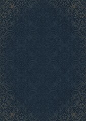 Fototapeta premium Hand-drawn unique abstract ornament. Light blue on a deep blue background, with vignette of same pattern in golden glitter. Paper texture. Digital artwork, A4. (pattern: p07-1e)