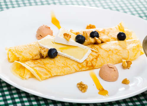 Image of pancakes with brie cheese and ice cream