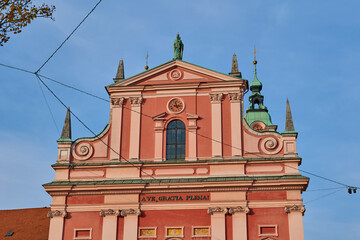Detail of Franciscan Church of the Annunciation on blue sky background in Ljubljana, Slovenia