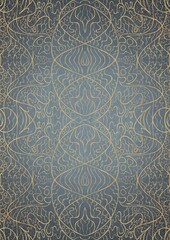 Hand-drawn unique abstract gold ornament on a light blue background, with vignette of darker background color and golden glittery sparks. Paper texture. Digital artwork, A4. (pattern: p02-2d)