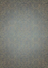 Hand-drawn unique abstract gold ornament on a light blue background, with vignette of darker background color and golden glittery sparks. Paper texture. Digital artwork, A4. (pattern: p06e)