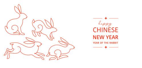 Chinese Lunar New Year 2023, year of the rabbit - modern style linear rabbits illustrations. Collection of icons