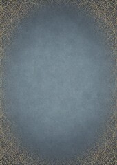 Light blue textured paper with vignette of golden hand-drawn pattern and golden glittery splatter on a darker background color. Copy space. Digital artwork, A4. (pattern: p02-2e)