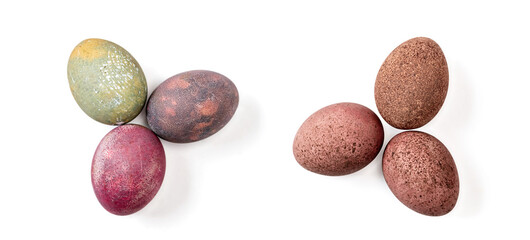 Different eggs on white background