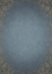 Light blue textured paper with vignette of golden hand-drawn pattern and golden glittery splatter on a darker background color. Copy space. Digital artwork, A4. (pattern: p03d)