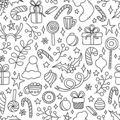 Vector seamless pattern with hand drawn elements. Cute design for Christmas wrappings, textile, wallpaper and backgrounds.