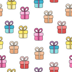 Vector seamless pattern with hand drawn gift boxes. Cute design for Christmas wrappings, textile, wallpaper and backgrounds.