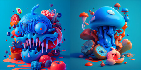 fluid food monster, surrealistic illustration, abstract colorful background, modern art style, surreal art, great composition and coloring, character, ai art, collection, blue and red