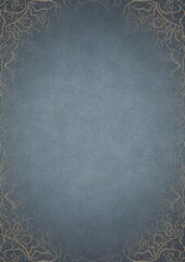 Light blue textured paper with vignette of golden hand-drawn pattern and golden glittery splatter on a darker background color. Copy space. Digital artwork, A4. (pattern: p07-1d)