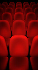 Obraz premium Red empty, cinema theater seats. A 3D rendering graphics, event or show background. Artistic, close up, full frame vertical shot, template