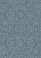 Hand-drawn unique abstract symmetrical seamless ornament. Dark blue on a light blue background. Paper texture. Digital artwork, A4. (pattern: p07-1e)