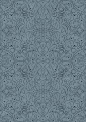 Hand-drawn unique abstract symmetrical seamless ornament. Dark blue on a light blue background. Paper texture. Digital artwork, A4. (pattern: p07-2d)