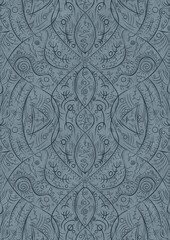 Hand-drawn unique abstract symmetrical seamless ornament. Dark blue on a light blue background. Paper texture. Digital artwork, A4. (pattern: p08-2d)