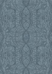 Obraz premium Hand-drawn unique abstract symmetrical seamless ornament. Dark blue on a light blue background. Paper texture. Digital artwork, A4. (pattern: p09d)