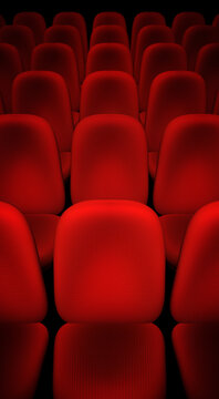 Red empty, cinema theater seats. A 3D rendering graphics, event or show background. Artistic, close up, full frame vertical shot, template