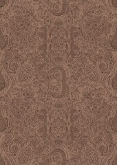Hand-drawn unique abstract symmetrical seamless ornament. Brown on a light brown background. Paper texture. Digital artwork, A4. (pattern: p01d)