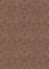 Hand-drawn unique abstract symmetrical seamless ornament. Brown on a light brown background. Paper texture. Digital artwork, A4. (pattern: p01e)