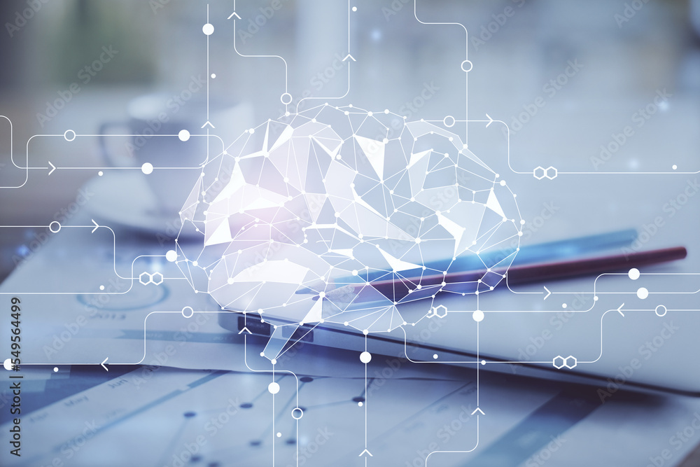 Poster double exposure of desktop with computer and brain drawing hologram. artificial intelligence concept