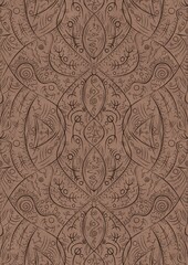 Hand-drawn unique abstract symmetrical seamless ornament. Brown on a light brown background. Paper texture. Digital artwork, A4. (pattern: p08-2d)