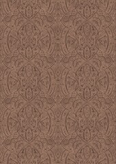 Hand-drawn unique abstract symmetrical seamless ornament. Brown on a light brown background. Paper texture. Digital artwork, A4. (pattern: p08-2e)