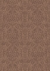 Hand-drawn unique abstract symmetrical seamless ornament. Brown on a light brown background. Paper texture. Digital artwork, A4. (pattern: p08-2e)