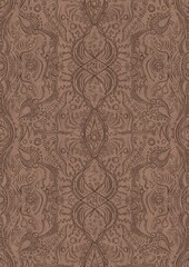 Hand-drawn unique abstract symmetrical seamless ornament. Brown on a light brown background. Paper texture. Digital artwork, A4. (pattern: p09d)
