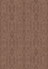 Hand-drawn unique abstract symmetrical seamless ornament. Brown on a light brown background. Paper texture. Digital artwork, A4. (pattern: p09e)