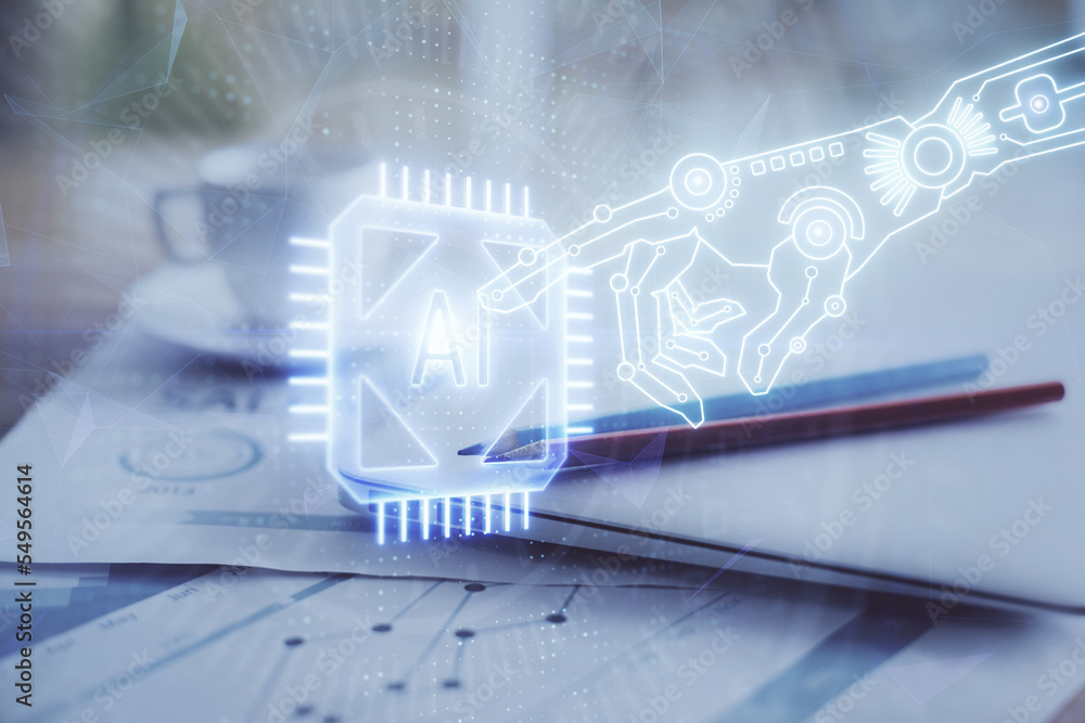 Aufkleber double exposure of table with computer on background and data theme hologram. data technology concep