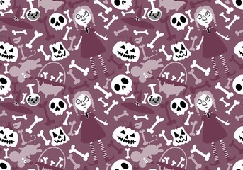 Naklejka premium Cartoon Halloween seamless witch and bones and pumpkins pattern for wrapping paper and fabrics and linens