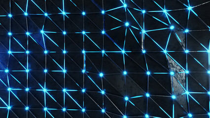 Abstract Neon Light. Blue high tech field with glow particles form lines and surface waves. Hi-tech information flow, blockchain, bigdata visualization.
