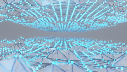 3d bg data flow concept, sci-fi background digital space. Blue high tech field with glow particles form lines and surface waves. Hi-tech information flow, blockchain, bigdata visualization.