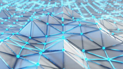 Abstract Neon Light. Blue high tech field with glow particles form lines and surface waves. Hi-tech information flow, blockchain, bigdata visualization.