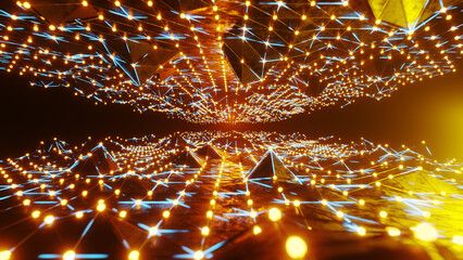 Abstract Neon Light. Blue high tech field with glow particles form lines and surface waves. Hi-tech information flow, blockchain, bigdata visualization.