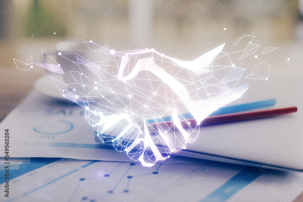 Poster desktop computer background in office and handshake hologram drawing. double exposure. pertnership c