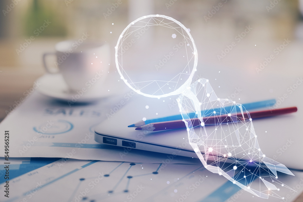 Poster Desktop computer background in office and start up theme hologram drawing. Double exposure. Startup concept.