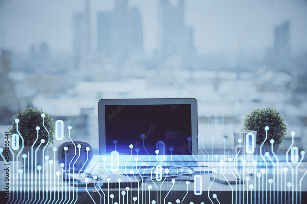 Poster Double exposure of table with computer on background and data theme drawing. Concept of innovation.